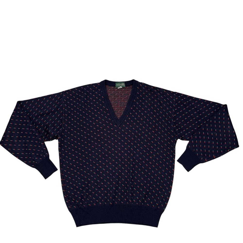 Vintage Izod Club V Neck Navy Dot Wool Blend Sweater size Large